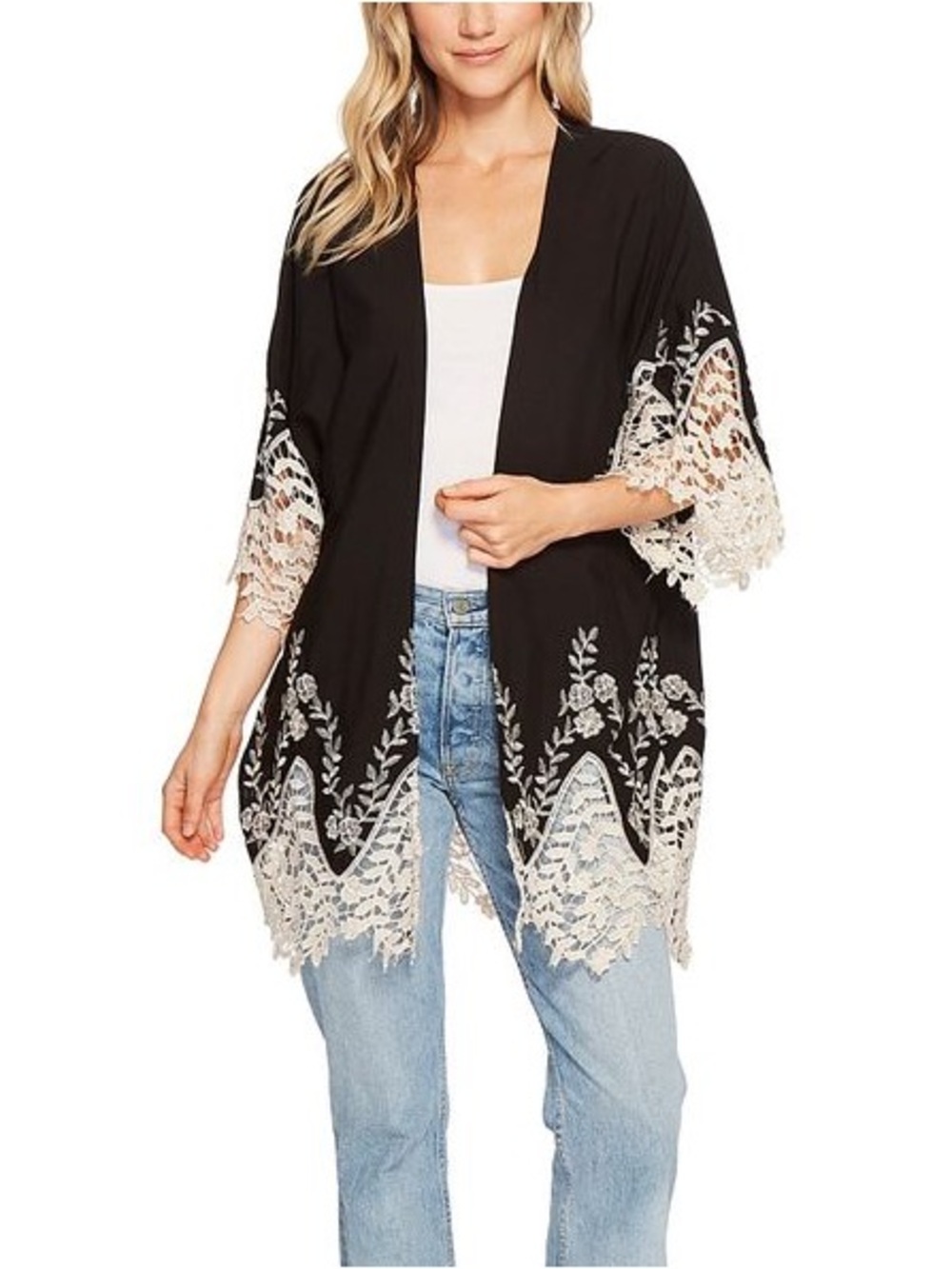 Solitaire Boho Black Floral Embroidered Kimono Crochet Open Front Cardigan Sz L